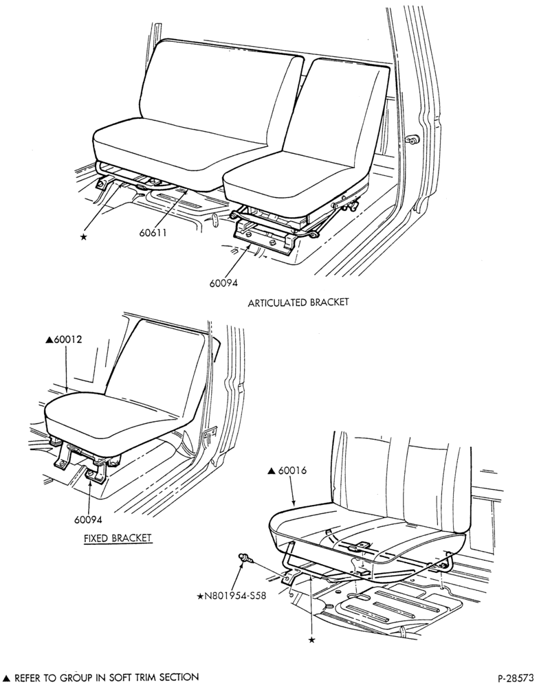 SEATS AND SEAT BELTS-Front seat parts - articulated & fixed bucket w/2 pass. companion seat-F-FT600/900